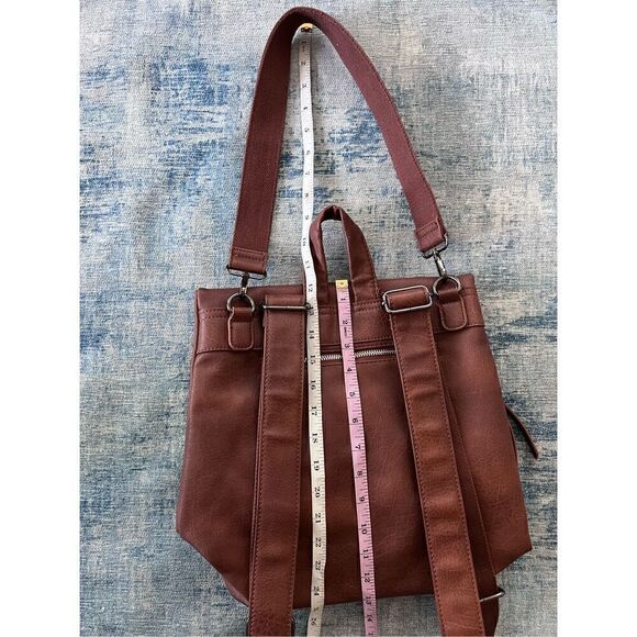 Brown Faux Leather Fold Over Bucket Shoulder Convertible Backpack - Picture 7 of 8